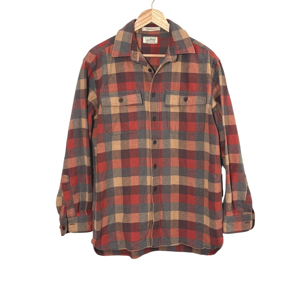 LL Bean Mens Red Plaid Chamois Cloth Flannel Shirt Large Traditional Fit Outdoor